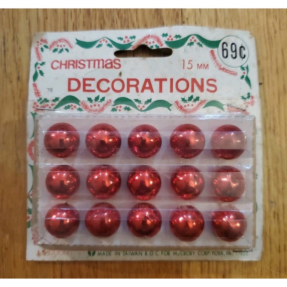 Vintage McCrory Christmas Ornaments Red Mini Glass Balls 15mm Feather Tree NOS